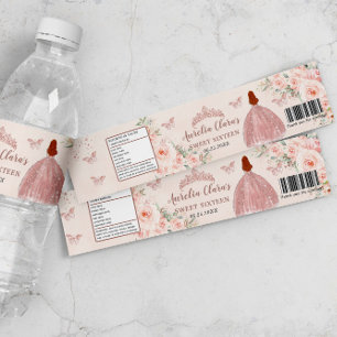 Söt 16 Blush Blommig Roséguld Röd Hår Prinsessa Vattenflaska Etikett