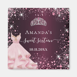 Söt 16 burgiskt rosa tiara-klänning glitter stoft magnet