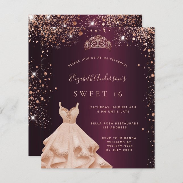 Söt 16 burgunder rosé guld klänning tiara inbjudan (Fram/baksida)