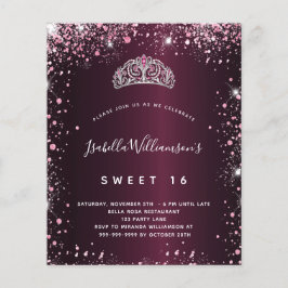 Söt 16 burgundi rosa glitter tiara-inbjudan