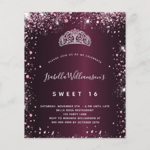 Söt 16 burgundi rosa glitter tiara-inbjudan