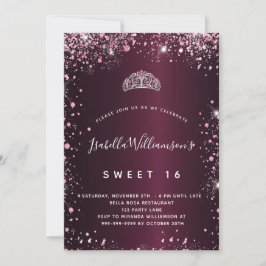 Söt 16 burgundi rosa glitter tiara inbjudningar