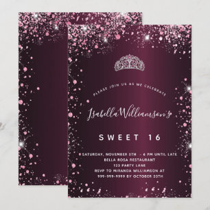 Söt 16 burgundi rosa glitter tiara inbjudningar