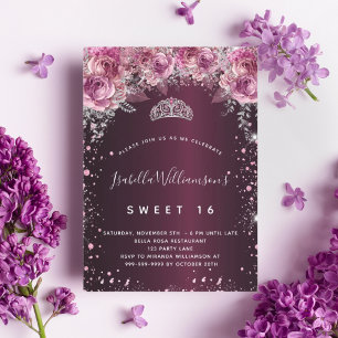Söt 16 burgundisk rosa glitter blommigt tiara inbjudningar