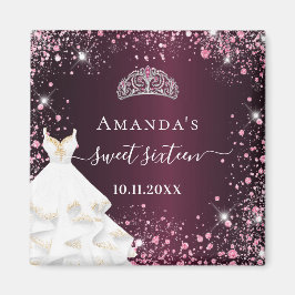 Söt 16 burgundisk rosa tiara-klänning glitter namn magnet