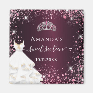 Söt 16 burgundisk rosa tiara-klänning glitter namn magnet
