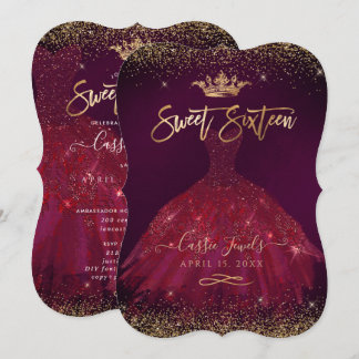 Söt 16 Burgundy Guld Confetti+Princess Krona Inbjudningar