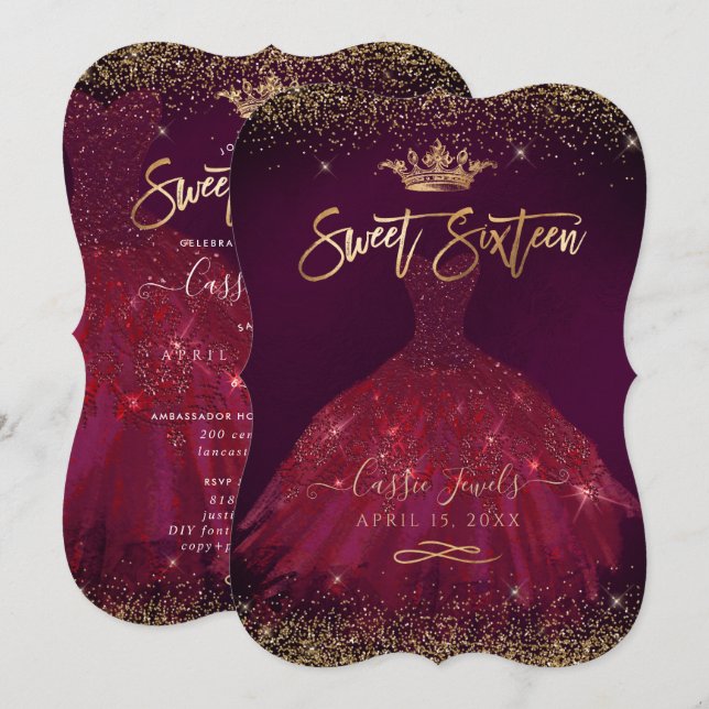 Söt 16 Burgundy Guld Konfetti+Prinsess Krona Inbjudningar (Fram/baksida)