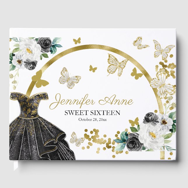 Söt 16 Butterfly Flowers Black Guld Dress Gästböcker (Framsida)