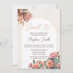 Söt 16 Cactus Boho Pampas Arch Birthday Inbjudan