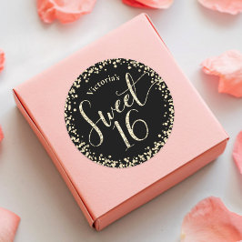 Söt 16 Chic Svart Guld Glitter-konfetti födelsedag Runt Klistermärke