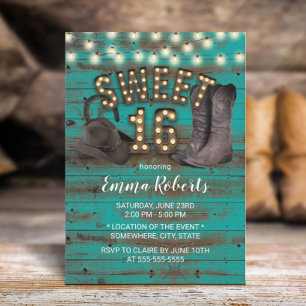 Söt 16 Cowgirl Rustic Teal Barn Wood Western Inbjudningar