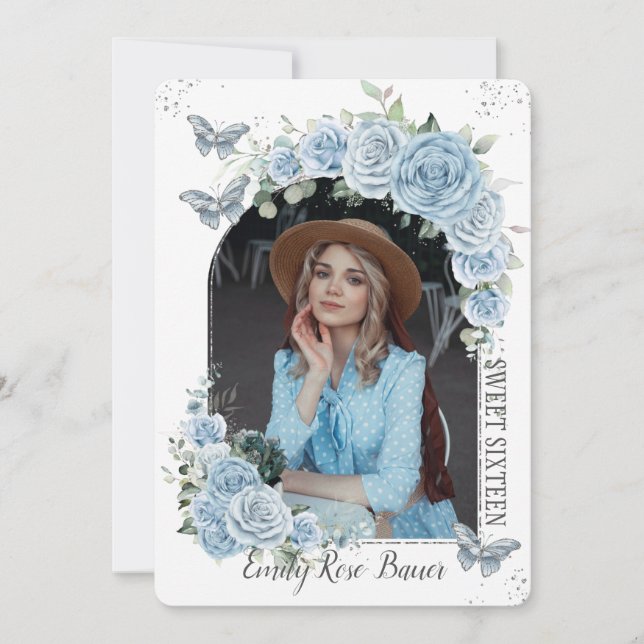 Söt 16-dagars Blue Blommigt Butterflies Photo Inbjudningar (Framsida)