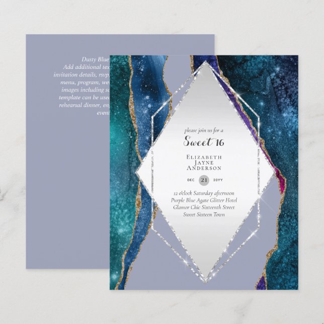 Söt 16-dagars inbjudningar Agate Glitter (Fram/baksida)