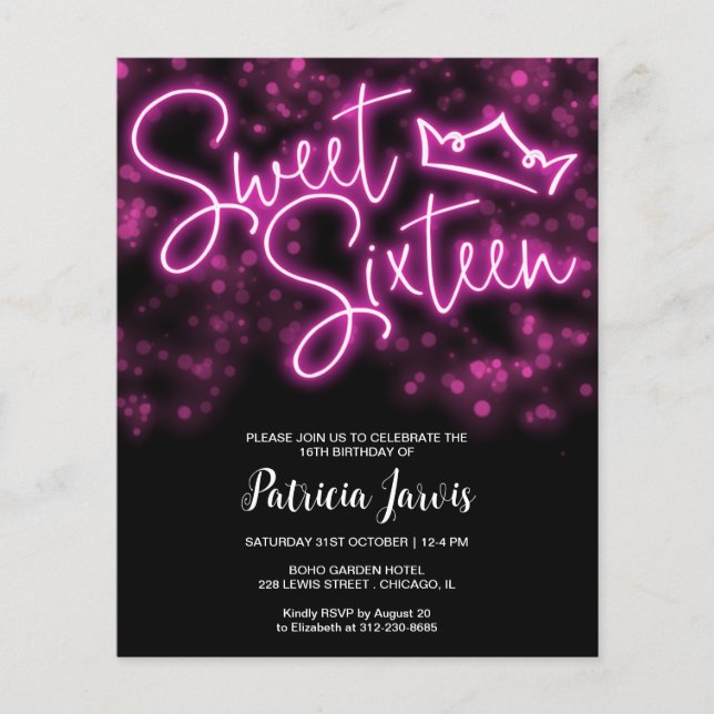 Söt 16-dagars Shock rosa Neon Glow-budgetinbjudan (Framsida)