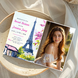 Söt 16-dagars vattenfärgad Blommigt Eiffel Photo Inbjudningar