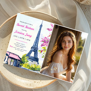 Söt 16-dagars vattenfärgad Blommigt Eiffel Photo Inbjudningar