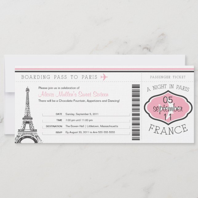 Söt 16-dagarsboardingpass till Paris Inbjudningar (Framsida)