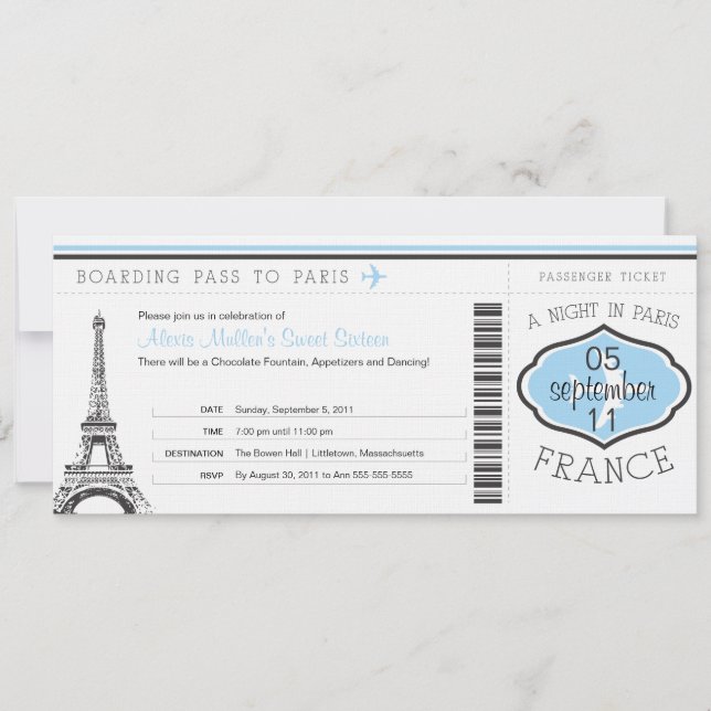 Söt 16-dagarsboardingpass till Paris Inbjudningar (Framsida)