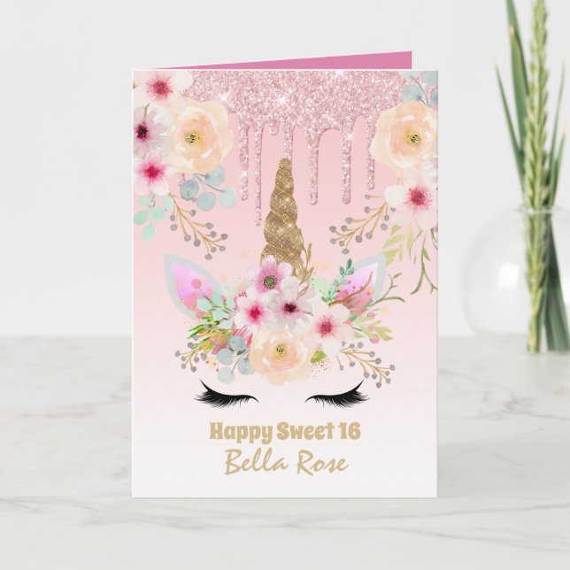 Söt 16-dagarskort Personlig Cute Unicorn Kort (Framsida)