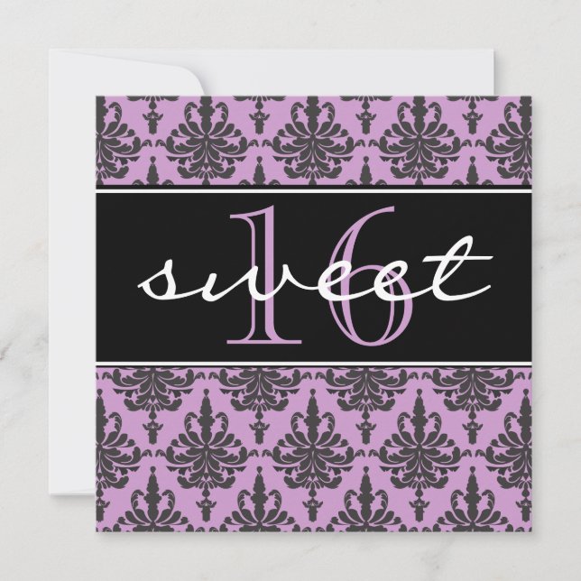 Söt 16 Damask Födelsedagsfest inbjudan (Framsida)