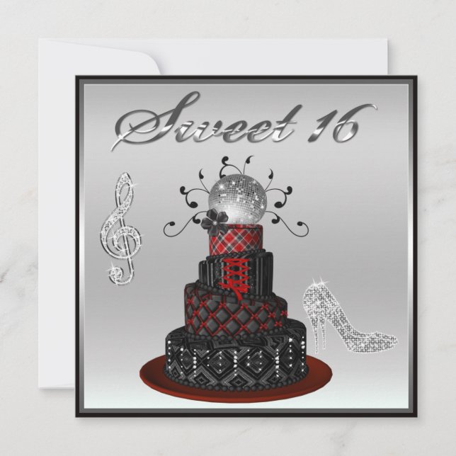 Söt 16 Disco Diva Cake, Silver Gnistra Hi Heels Inbjudningar (Framsida)