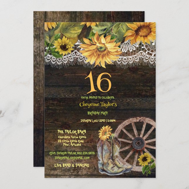 Söt 16:e födelsedagen Barn Wood Sunwers Snöre Invi Inbjudningar (Fram/baksida)