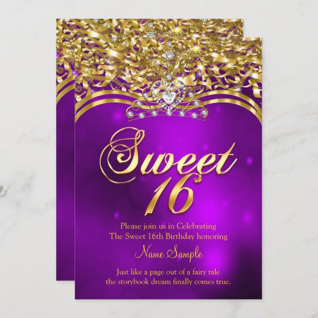 Söt 16:e Födelsedagsfesten Lila Glitter Guld Inbjudningar (Fram/baksida)