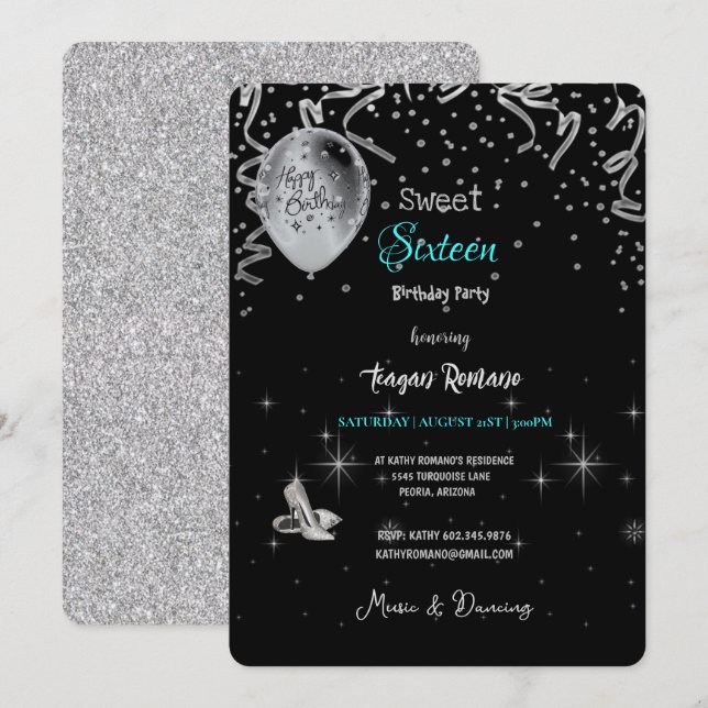 Söt 16:e Födelsedagsfesten svartvitt och turkos te Inbjudningar (Fram/baksida)