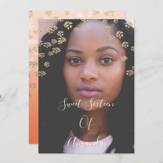 Söt 16: e korallblommor Guld Ombre Foto Ombre Inbjudningar (Fram/baksida)