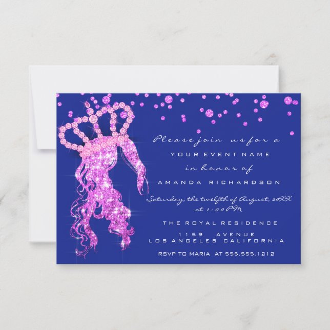 Söt 16:e Krona Princess Confetti Royal Blue Rosa Inbjudningar (Framsida)