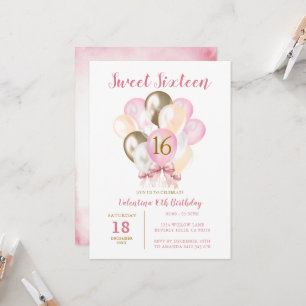 Söt 16:e Rosa av flickfödelsedag Bow Guld Balloon Inbjudningar