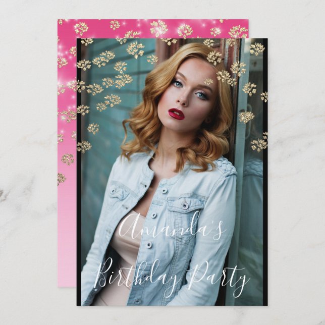 Söt 16:e Rosa Flowers Guld Ombre Fotofetti Inbjudningar (Fram/baksida)