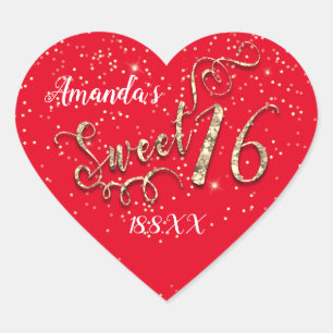 Söt 16:e Unicorn Heart Glitter RedGold Confetti Hjärtformat Klistermärke