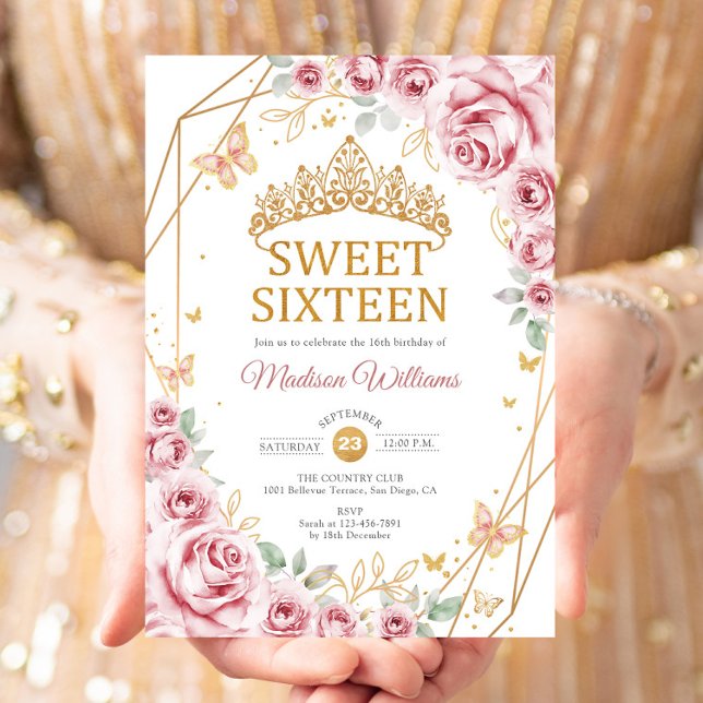 Söt 16 Elegant Chic Rosa Rosor Guld Inbjudningar (Skapare uppladdad)