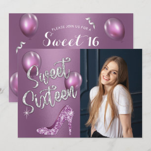 Söt 16-Eleganters Lila Fotoflicka 16:e födelsedage Inbjudningar