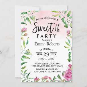 Söt 16 Eleganters Watercolor Blommigt Girl Birthda Inbjudningar