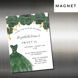 Söt 16 emerald grönt guld är blommigt lyx magnetisk inbjudningskort
