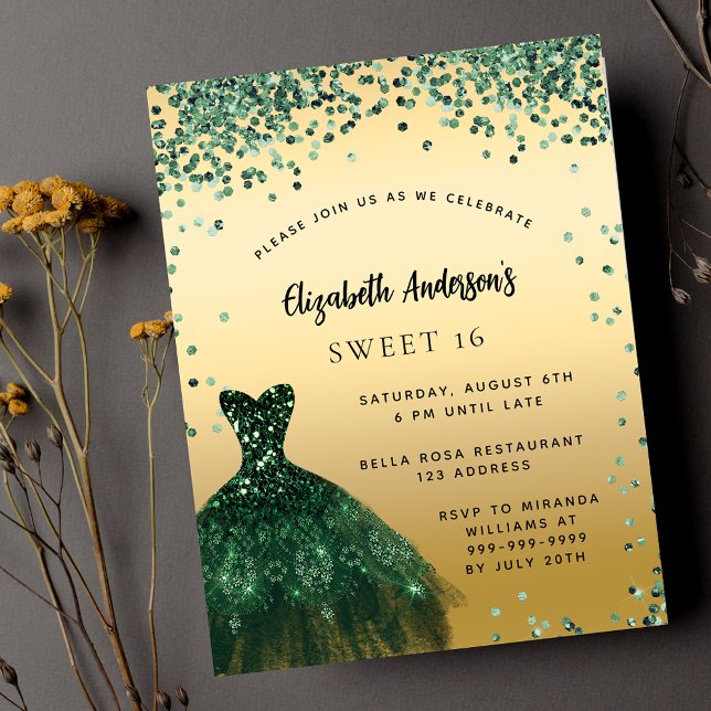 Söt 16 emerald grönt klänning elegant party inbjudan vykort (Skapare uppladdad)