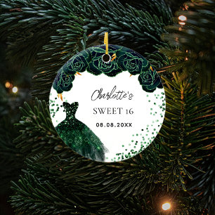 Söt 16 emerald grönt klänning vit julgransprydnad keramik