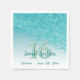Söt 16 Falling Teal Blue Glitter & Monogram Pappersservett