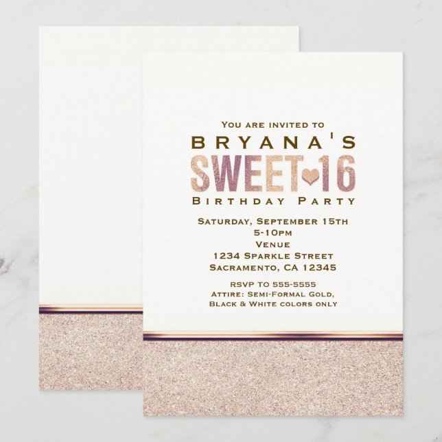SÖT 16 Falskt Rosa Guld Champagne Party Inbjudan (Fram/baksida)