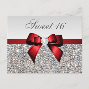 Söt 16 Faux Silver Sequins Diamonds Red Bow Inbjudningar