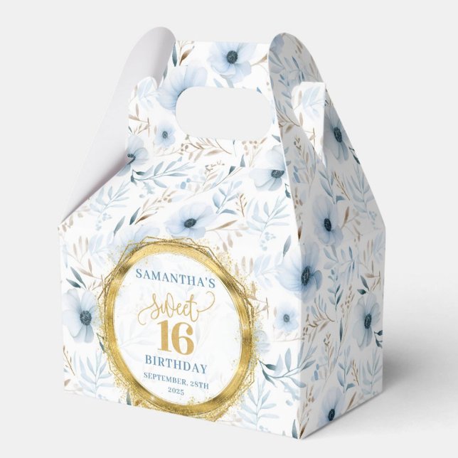 Söt 16-favoritruta, blått Blommigt Guld Glitter Presentaskar (Sweet 16 Favor Box Dusty Blue Floral Gold Glitter)