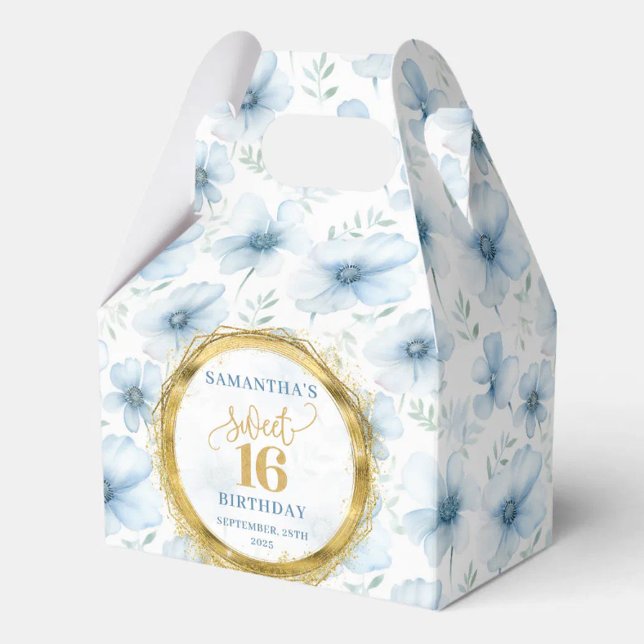 Söt 16 Favoritruta Vattenfärg Blåa blommor Guld Presentaskar (Sweet 16 Favor Box Watercolor Blue Flowers Gold)