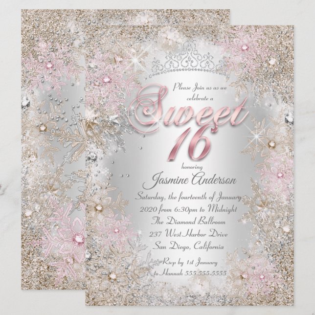 Söt 16-fest Beige Rosa Silver Vinter Värld Inbjudningar (Fram/baksida)