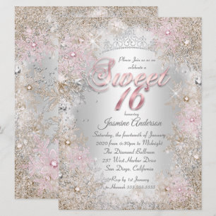 Söt 16-fest Beige Rosa Silver Vinterundret Inbjudningar