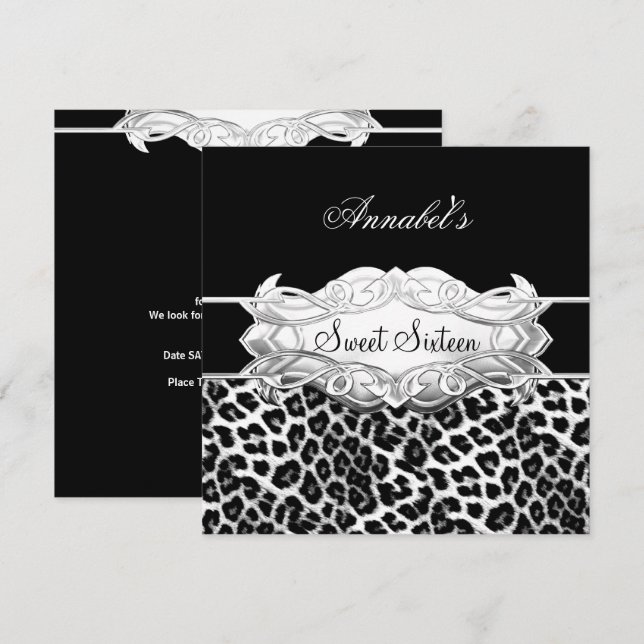 Söt 16-fest Elegant svart vit leopard Inbjudningar (Fram/baksida)