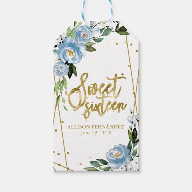 Söt 16-fest Guld Folie Dammig Blå Blommig Presentetikett (Framsidan)