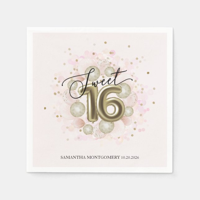 Söt 16-fest Rosa Guld Konfetti Pappersservett (Framsidan)